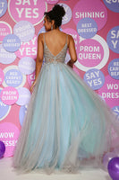 Load image into Gallery viewer, A Line Spaghetti Straps Grey Blue Long Prom Dress with Beading