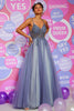 Load image into Gallery viewer, A Line Spaghetti Straps Grey Blue Long Prom Dress with Beading