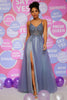 Load image into Gallery viewer, A Line Spaghetti Straps Grey Blue Long Prom Dress with Beading