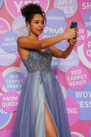 Load image into Gallery viewer, A Line Spaghetti Straps Grey Blue Long Prom Dress with Beading