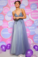 Load image into Gallery viewer, A Line Spaghetti Straps Grey Blue Long Prom Dress with Beading
