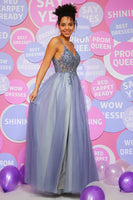 Load image into Gallery viewer, A Line Spaghetti Straps Grey Blue Long Prom Dress with Beading