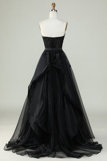 Princess A Line Sweetheart Black Strapless Ball Gown Formal Evening Dress
