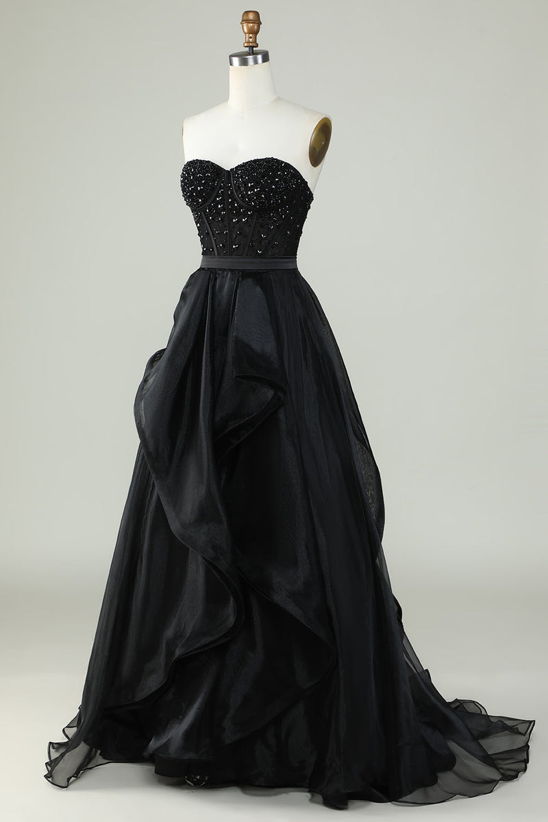 Load image into Gallery viewer, Princess A Line Sweetheart Black Strapless Ball Gown Formal Evening Dress
