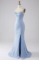 Load image into Gallery viewer, Light Blue Sparkly Mermaid Prom Dress with Slit