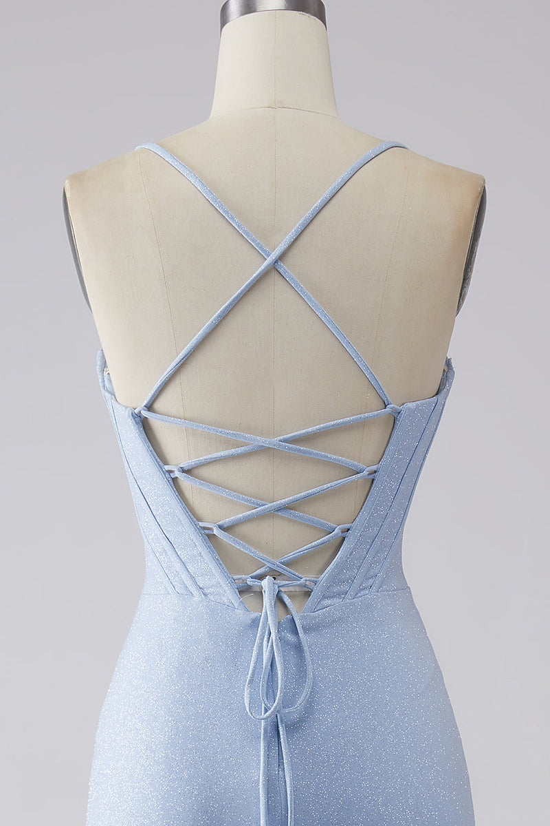 Load image into Gallery viewer, Light Blue Sparkly Mermaid Prom Dress with Slit