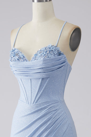 Light Blue Sparkly Mermaid Prom Dress with Slit