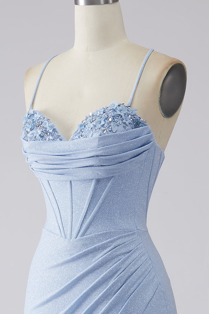 Load image into Gallery viewer, Light Blue Sparkly Mermaid Prom Dress with Slit