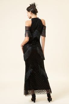 Sparkly Black Beaded Long Formal Dress with Fringes