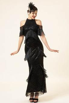 Black Beaded Fringes 1920s Dress with 20s Accessories Set