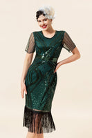 Load image into Gallery viewer, Dark Green Beaded Fringe 1920s Dress With 20s Accessories Set