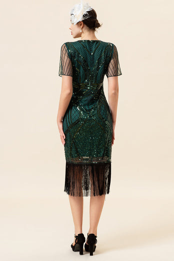Dark Green Beaded Fringe 1920s Dress With 20s Accessories Set