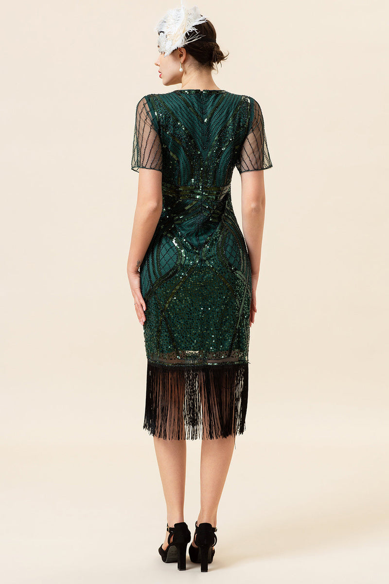 Load image into Gallery viewer, Dark Green Beaded Fringe 1920s Dress With 20s Accessories Set