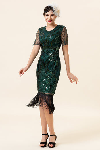 Sheath Round Neck Dark Green Beaded 1920s Dress with Tassel