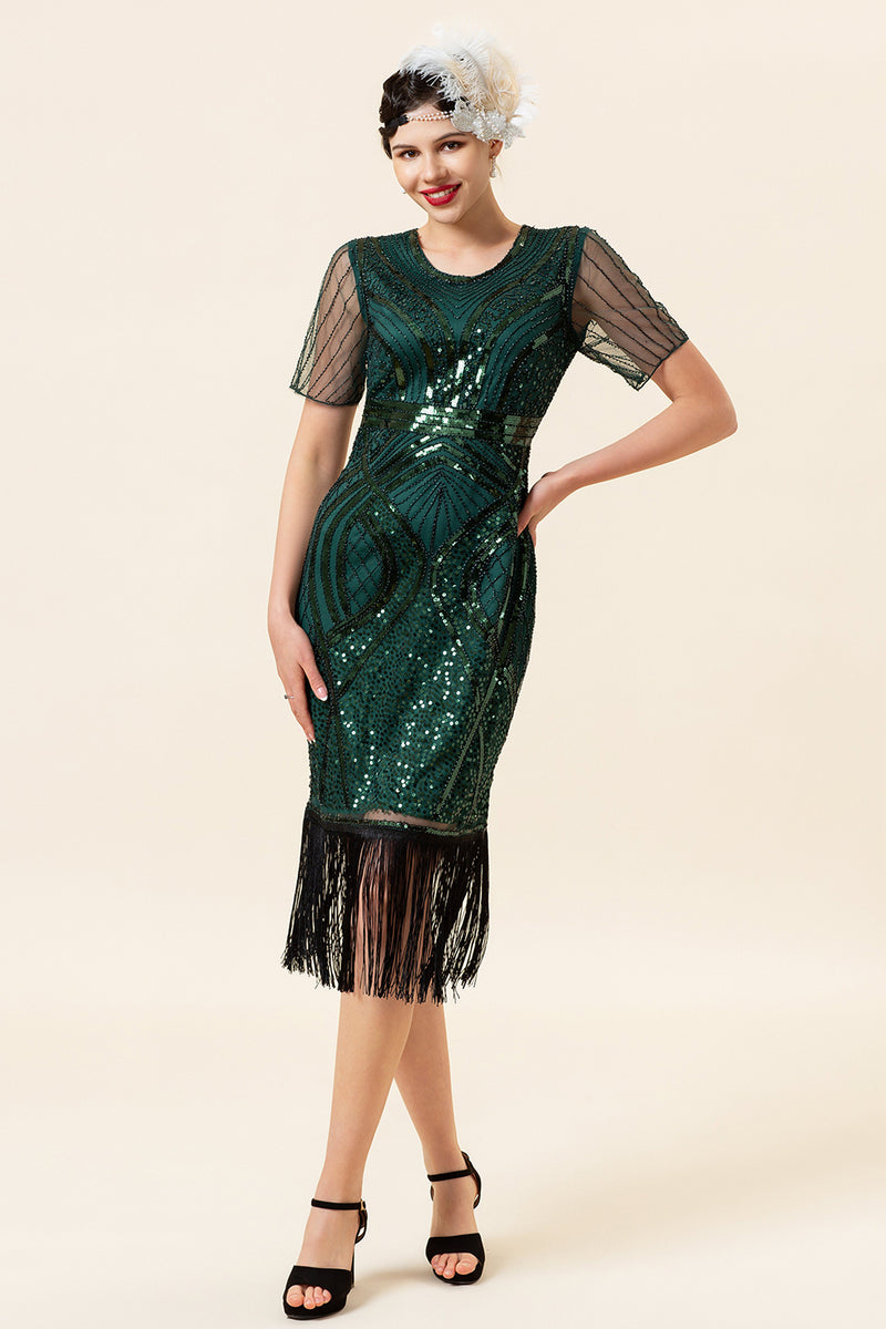 Load image into Gallery viewer, Sheath Round Neck Dark Green Beaded 1920s Dress with Tassel
