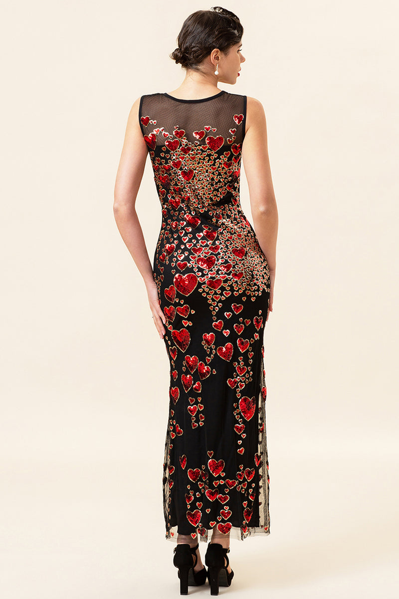 Load image into Gallery viewer, Sheath Round Neck Black Red Love Heart Beaded Long Flapper Dress