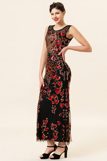 Sheath Round Neck Black Red Love Heart Beaded Long Flapper Dress