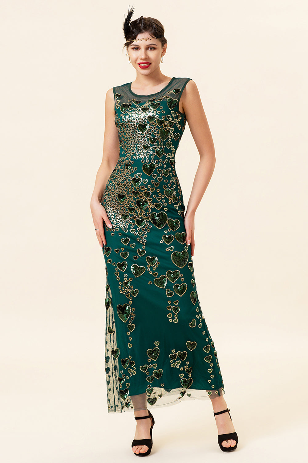 Sheath Round Neck Dark Green Love Heart Beaded Formal Dress