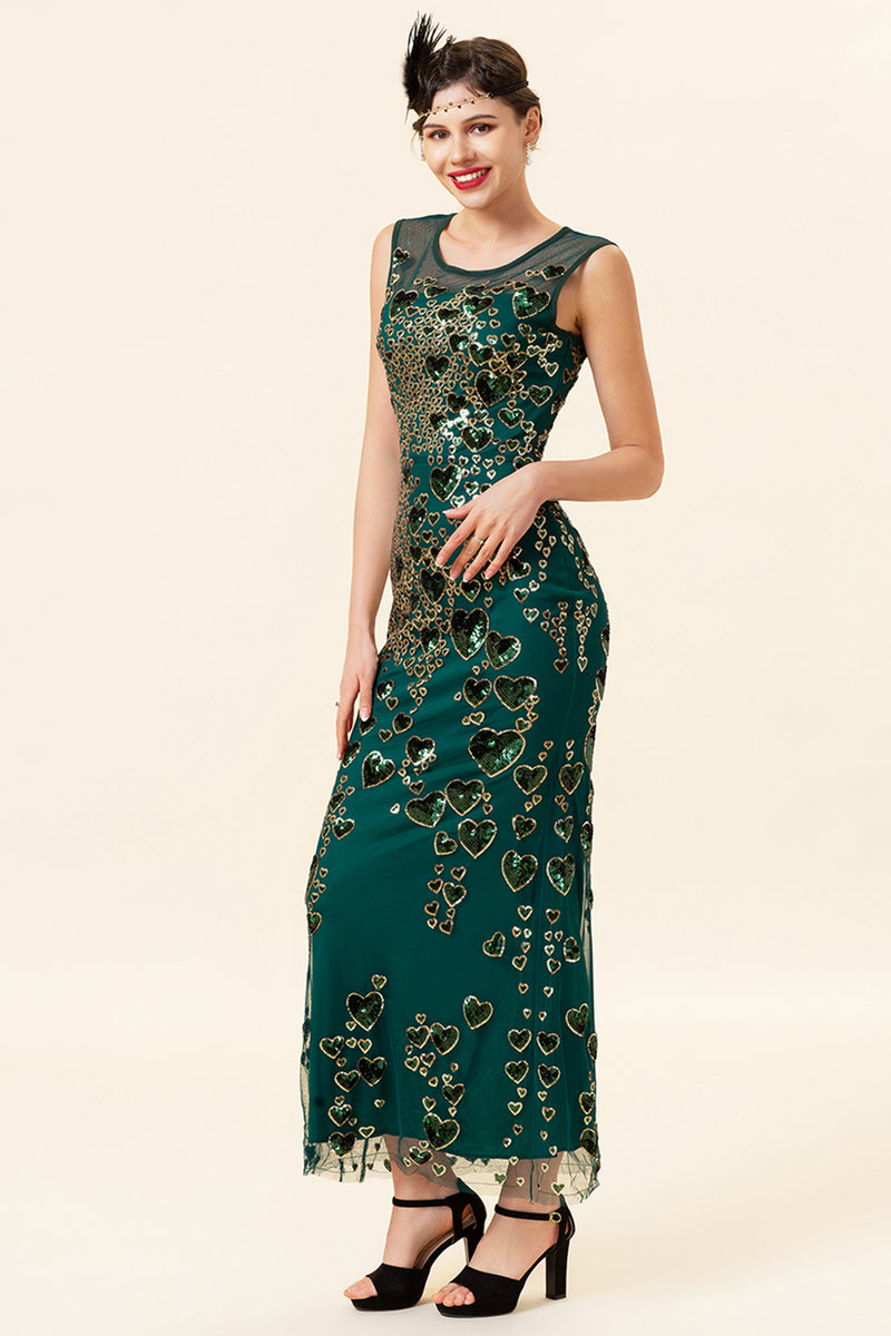Load image into Gallery viewer, Sheath Round Neck Dark Green Love Heart Beaded Formal Dress