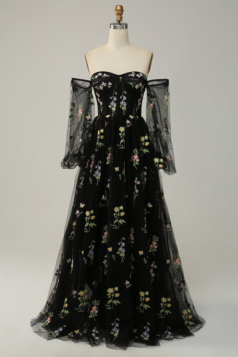 Load image into Gallery viewer, Green Off The Shoulder Long Sleeves A-Line Prom Dress