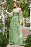 Load image into Gallery viewer, Green Off The Shoulder Long Sleeves A-Line Prom Dress