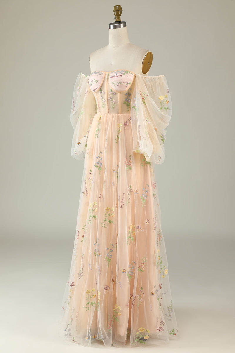 Load image into Gallery viewer, Green Off The Shoulder Long Sleeves A-Line Prom Dress