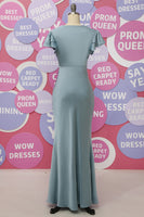 Load image into Gallery viewer, Grey Blue Satin Simple Prom Dress with Ruffles
