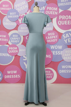 Grey Blue Satin Simple Prom Dress with Ruffles