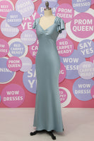 Load image into Gallery viewer, Grey Blue Satin Simple Prom Dress with Ruffles