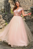 Load image into Gallery viewer, A Line Off the Shoulder Blush Plus Size Prom Dress