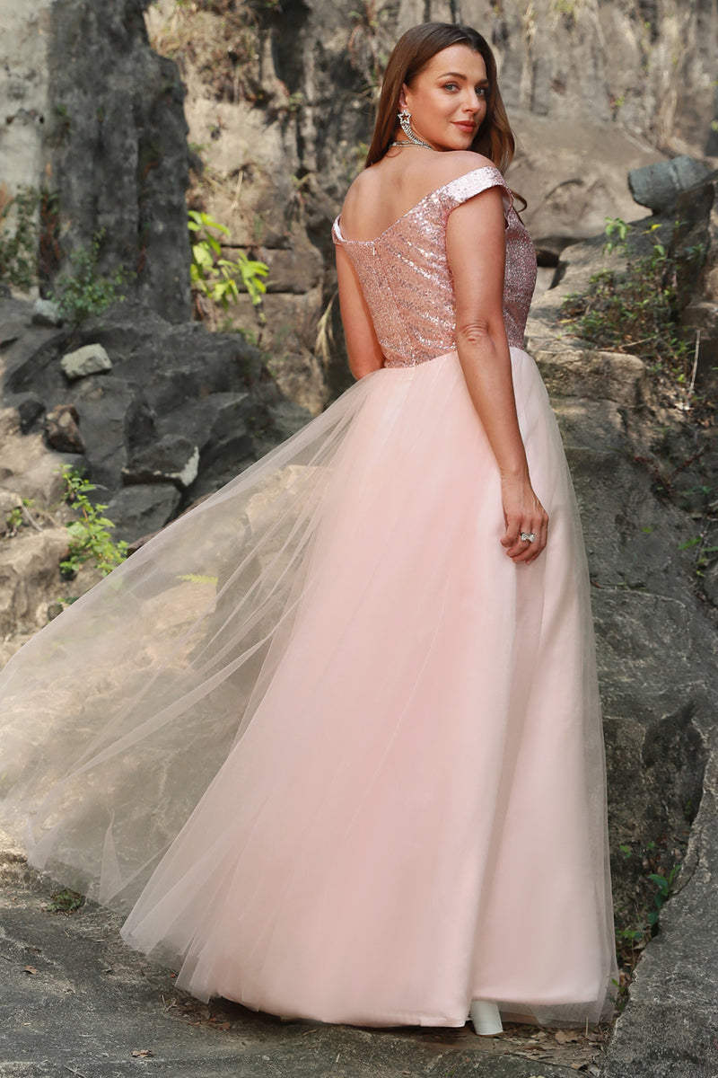 Load image into Gallery viewer, A Line Off the Shoulder Blush Plus Size Prom Dress