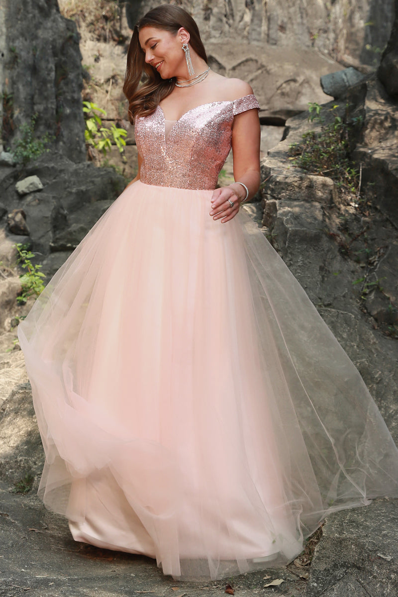 Load image into Gallery viewer, A Line Off the Shoulder Blush Plus Size Prom Dress