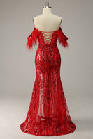 Load image into Gallery viewer, Mermaid Off the Shoulder Burgundy Plus Size Prom Dress with Feathers