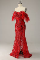 Load image into Gallery viewer, Mermaid Off the Shoulder Burgundy Plus Size Prom Dress with Feathers