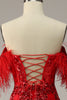 Load image into Gallery viewer, Mermaid Off the Shoulder Burgundy Plus Size Prom Dress with Feathers