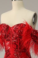 Load image into Gallery viewer, Mermaid Off the Shoulder Burgundy Plus Size Prom Dress with Feathers