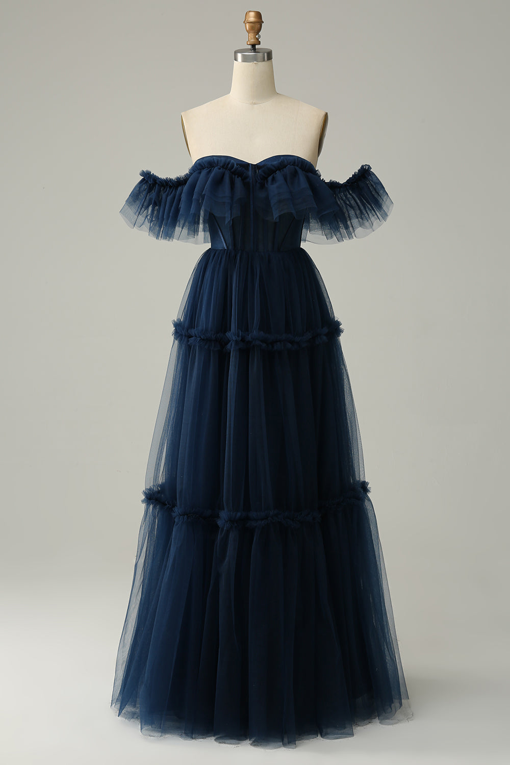 A-Line Off the Shoulder Sweetheart Tulle Navy Long Prom Dress