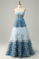 Load image into Gallery viewer, A Line Sweetheart Grey Blue Long Prom Dress with Ruffles