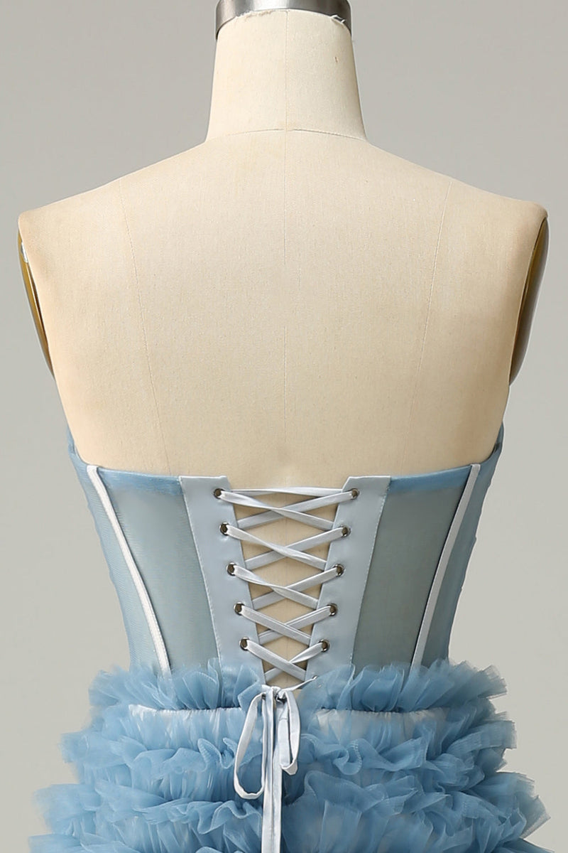 Load image into Gallery viewer, A Line Sweetheart Grey Blue Long Prom Dress with Ruffles