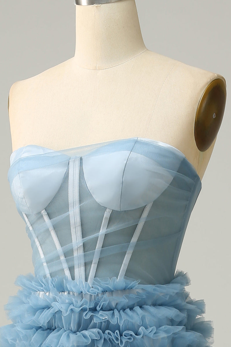 Load image into Gallery viewer, A Line Sweetheart Grey Blue Long Prom Dress with Ruffles