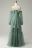 Load image into Gallery viewer, Off The Shoulder Grey Green A-Line Tull Prom Dress With Long Sleeves