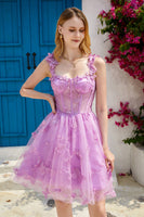 Load image into Gallery viewer, Purple A Line Corset Homecoming Dress with 3D Butterflies