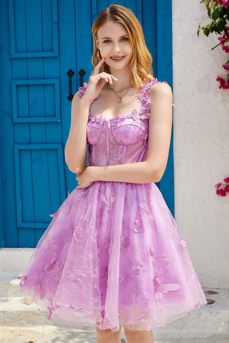 Load image into Gallery viewer, Purple A Line Corset Homecoming Dress with 3D Butterflies