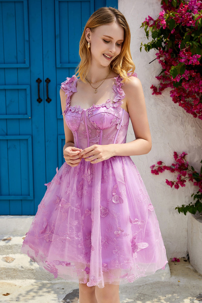 Load image into Gallery viewer, Purple A Line Corset Homecoming Dress with 3D Butterflies