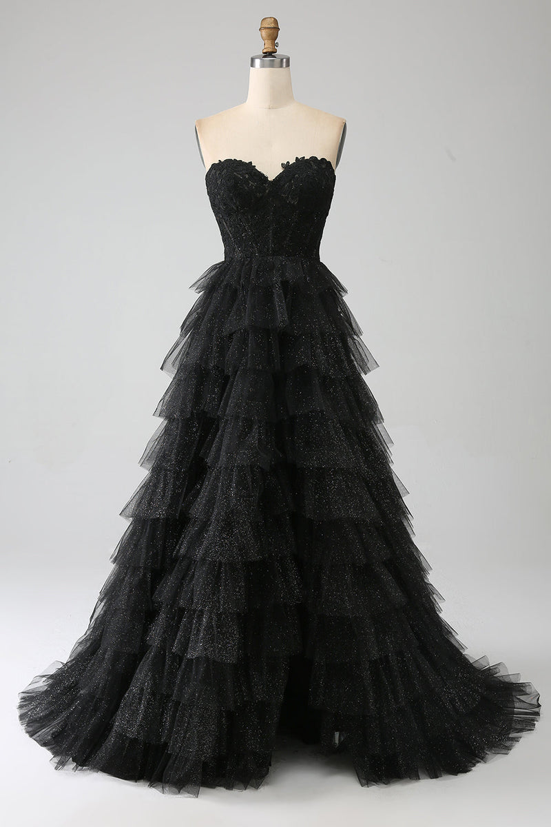 Load image into Gallery viewer, Glitter Sweetheart Black Corset Prom Dress with Slit