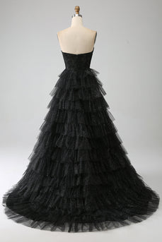 Glitter Sweetheart Black Corset Prom Dress with Slit