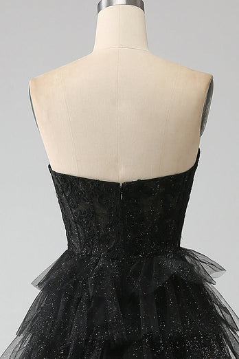 Glitter Sweetheart Black Corset Prom Dress with Slit