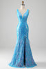 Load image into Gallery viewer, Sparkly Blue Mermaid V-Neck Long Prom Dress With Slit