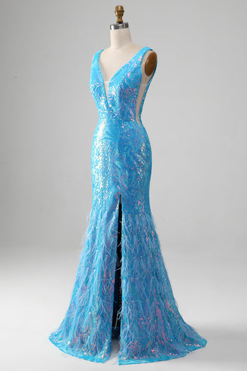 Sparkly Blue Mermaid V-Neck Long Prom Dress With Slit