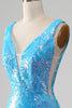 Load image into Gallery viewer, Sparkly Blue Mermaid V-Neck Long Prom Dress With Slit